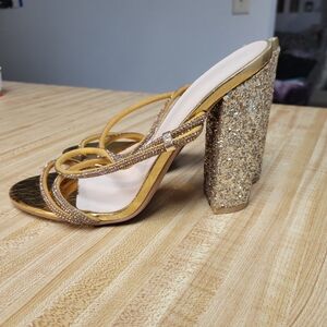 Gold Glitter Block Heel Slide Sandals - Read Description!